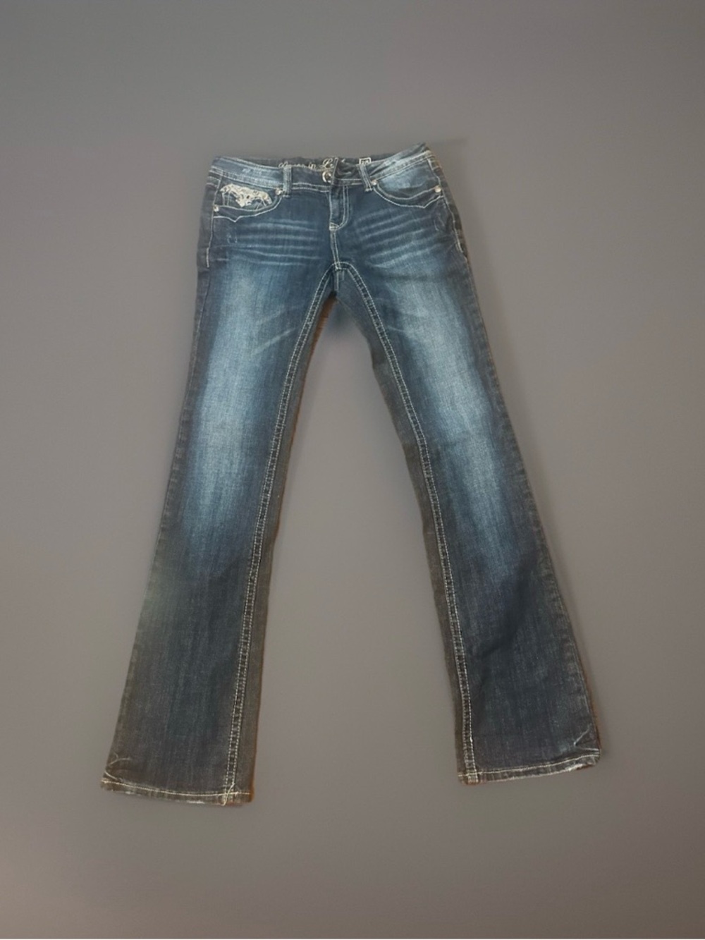 Grace in LA Lace Rhinestone Embellished Women's Bootcut Jeans - Dark Blue Sz 28